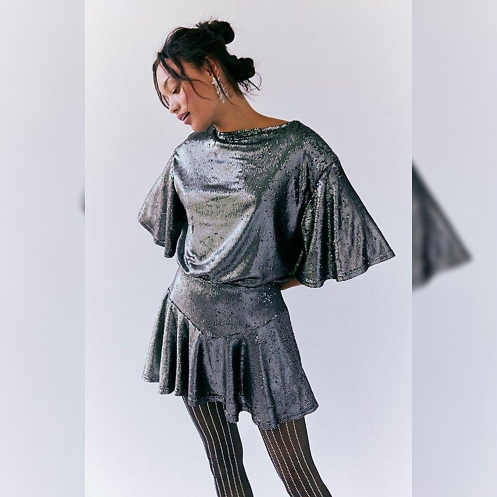 Free People Manuka Sequin Mini Dress In Gunmetal Silver Women's Size Medium